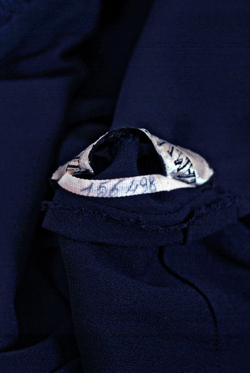 Vintage 1973 Pierre Balmain Haute Couture Navy Silk Pleated Petal Collar Gown For Sale 1