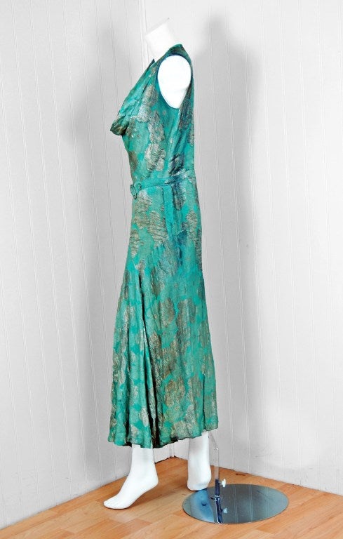 1920's French Metallic Turquoise Blue Lame Evening Dress