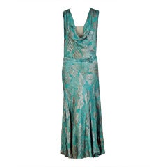 1920's French Metallic Turquoise Blue Lame Evening Dress