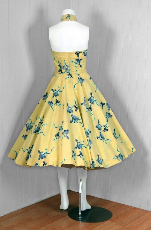 1950's Poodle-Dogs Novelty Print Cotton Halter Circle-Skirt Dress 1