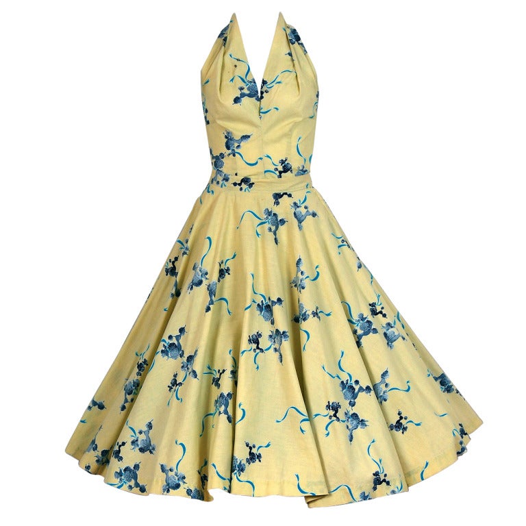 1950's Poodle-Dogs Novelty Print Cotton Halter Circle-Skirt Dress