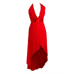 Vintage 1970's Halston Low-Plunge Red Silk-Chiffon Halter Dress