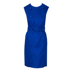 Retro 1960's Norman Norell Royal-Blue Linen Double-Breasted Mod Dress