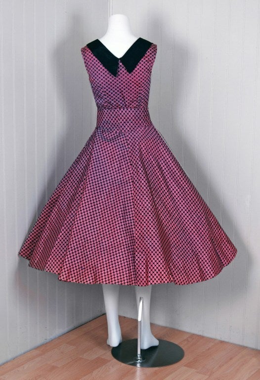 1950's Pink & Black Flocked Taffeta Shelf-Bust Party Dress Set 1