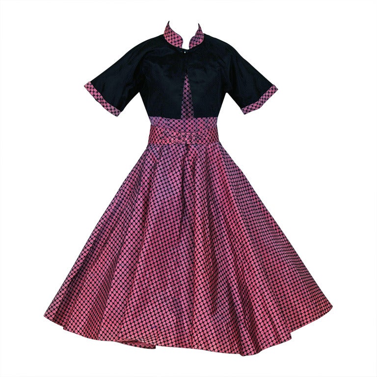 1950's Pink & Black Flocked Taffeta Shelf-Bust Party Dress Set