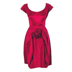 Retro 1950's Magenta-Pink Satin Roses Applique Draped Cocktail Dress