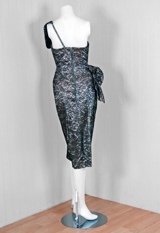 Women's 1940's Chantilly-Lace Illusion One Shoulder Cocktail Wiggle Dress