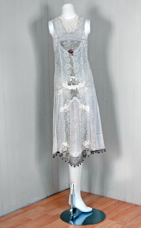 1920's French White Embroidered-Lace & Lame Beaded Applique Flapper Dress 1