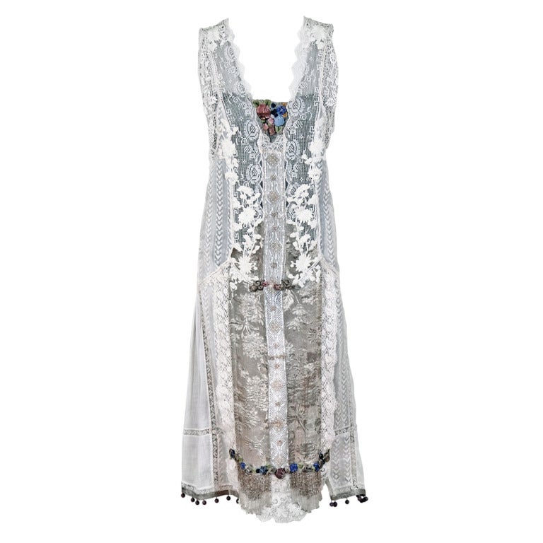 1920's French White Embroidered-Lace & Lame Beaded Applique Flapper Dress