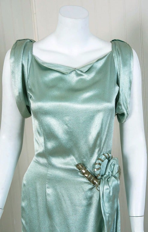 A stunning seafoam shimmer silk-satin gown from the 