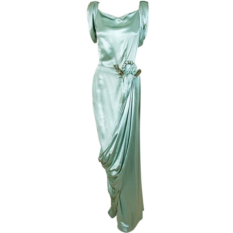 1930's Seafoam Silk-Satin Sequin Draped Grecian Goddess Gown