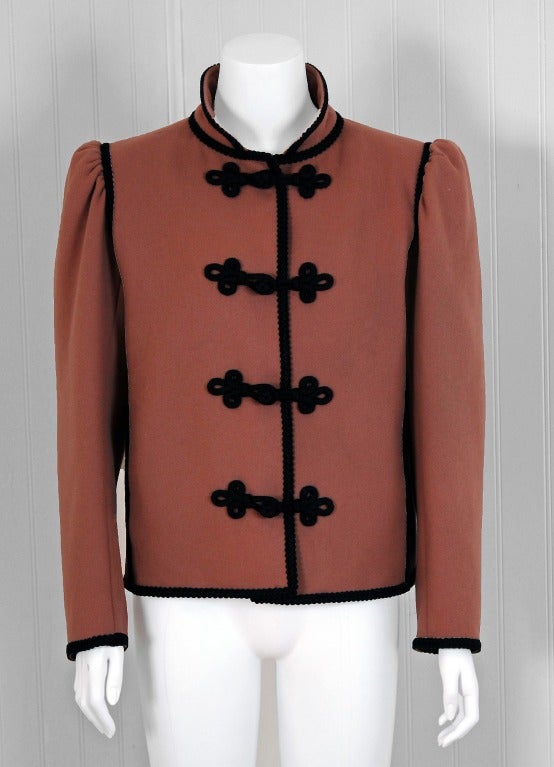 Stunning mocha-brown wool jacket from the infamous Rive Gauche collection during the late-1970's. Pieces from this decade are very rare and are true examples of fashion history. I adore the over-sized toggle closures and slight puffed shoulders. It