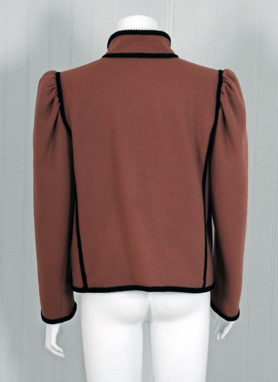 1970's Yves Saint Laurent Mocha Brown Wool Russian Toggles Cropped Jacket 1
