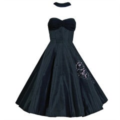 1950's Seductive Black Silk Taffeta Shelf-Bust Halter Full Party Dress
