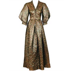 1960's Pauline Trigere Metallic Gold Silk Origami-Sleeves Gown