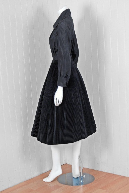 Women's 1952 Christian Dior Original Black Pleated Silk-Taffeta Party Dress