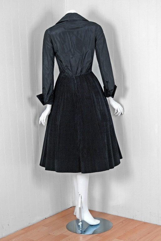 1952 Christian Dior Original Black Pleated Silk-Taffeta Party Dress 1