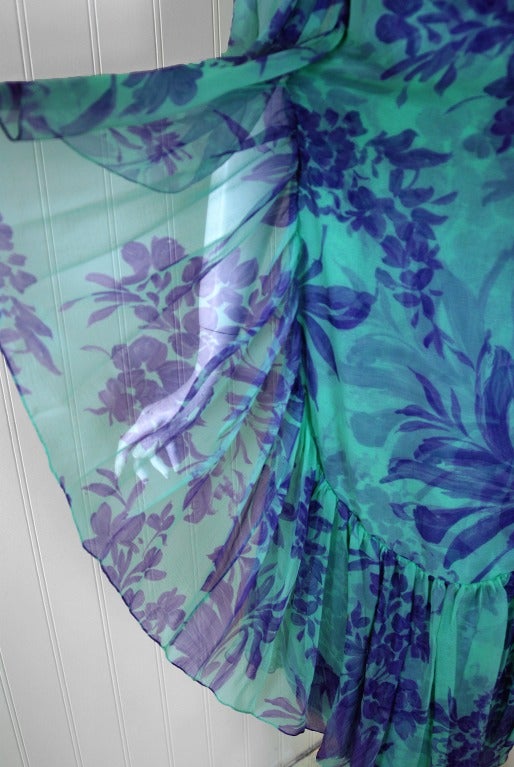 1970's Galanos Watercolor Blue Purple Floral Silk-Chiffon Draped Flutter Dress In Excellent Condition In Beverly Hills, CA