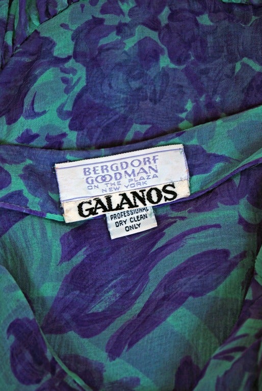1970's Galanos Watercolor Blue Purple Floral Silk-Chiffon Draped Flutter Dress 1