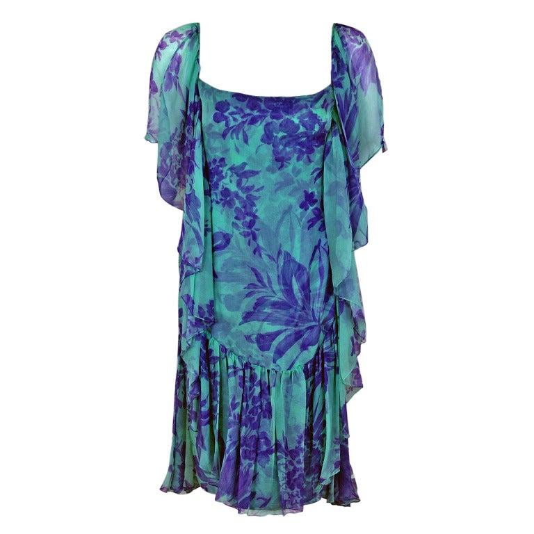 1970's Galanos Watercolor Blue Purple Floral Silk-Chiffon Draped Flutter Dress