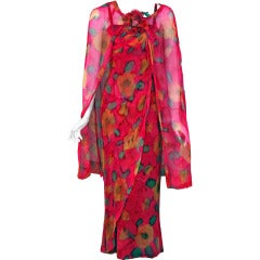 1960's Jean LeFebure Couture Watercolor Floral Silk-Chiffon Dress Ensemble 4
