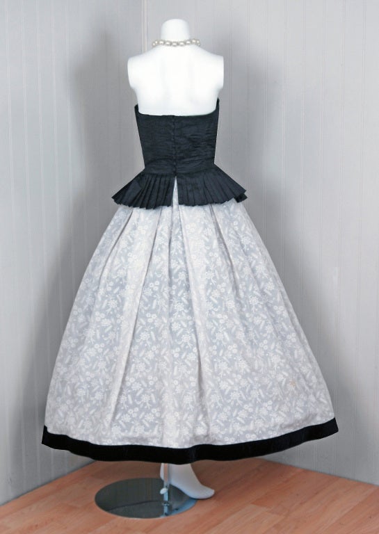 1986 Chanel Pleated Black-Silk & Embroidered White-Cotton Gown 2
