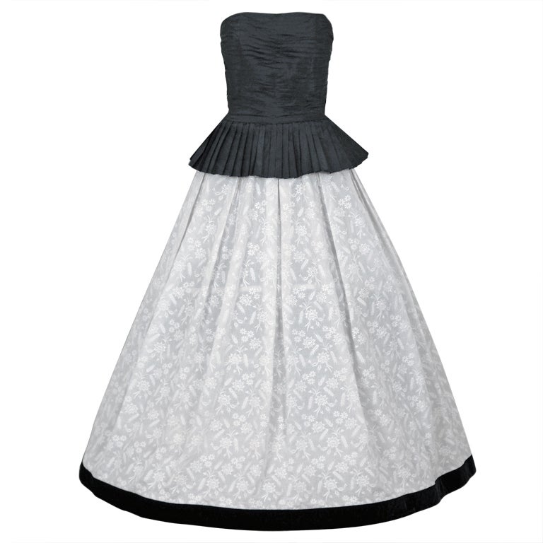 1986 Chanel Pleated Black-Silk & Embroidered White-Cotton Gown