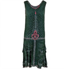 1920's French Green-Grey Beaded Deco Crepe-Chiffon Tiered Flapper Dress