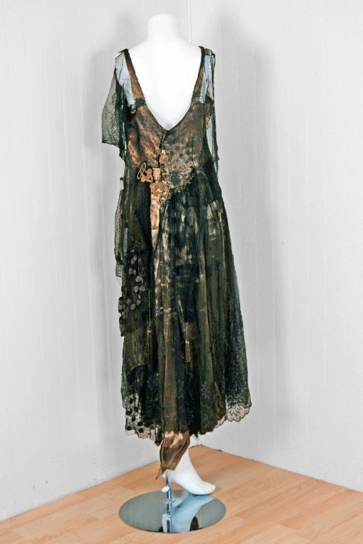 1910's Edwardian Gold-Lame & Sequin Beaded Chantilly-Lace Tea Gown 1