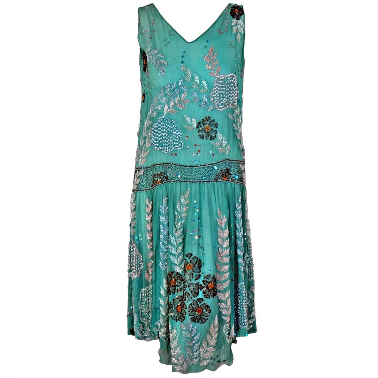 1920's Turquoise-Blue Beaded Sequin Metallic Threaded Scenic Flapper Dress