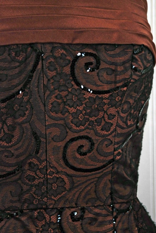 1940's Don Loper Silk-Satin & Sequin Chantilly-Lace Strapless Trained Gown In Excellent Condition In Beverly Hills, CA