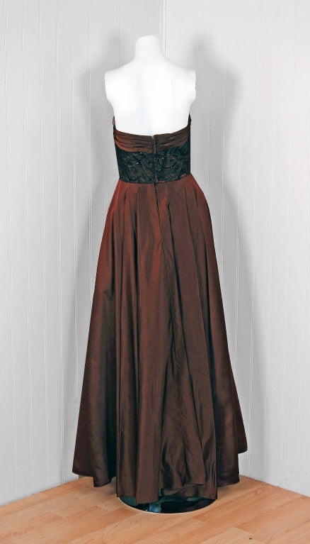 Women's 1940's Don Loper Silk-Satin & Sequin Chantilly-Lace Strapless Trained Gown