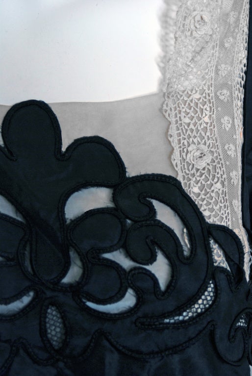 1920's Elegant Black Cut-Out Deco Silk Taffeta & Irish-Crochet Flapper Dress 1