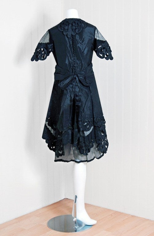1920's Elegant Black Cut-Out Deco Silk Taffeta & Irish-Crochet Flapper Dress 2
