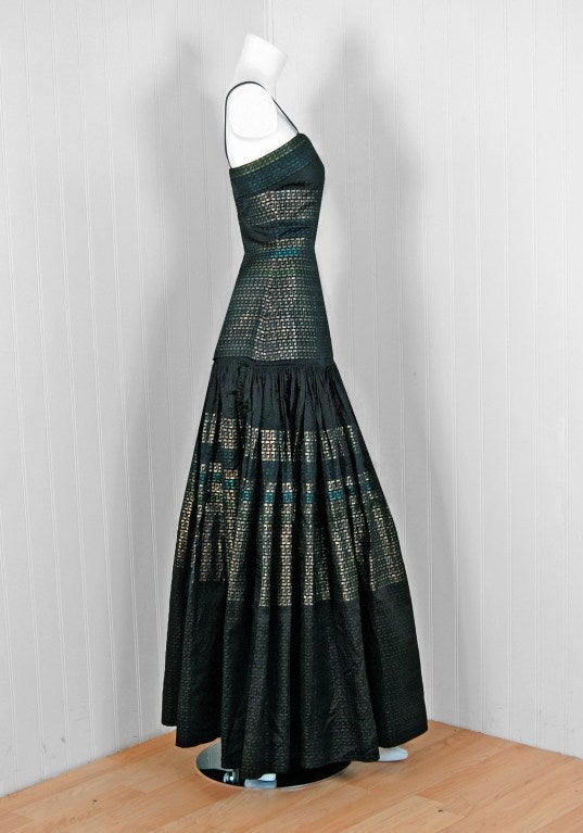 1948 Adrian Couture Metallic Lame Silk Grecian-Keys Novelty Print Evening Gown In Excellent Condition In Beverly Hills, CA
