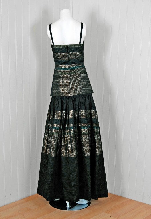 Women's 1948 Adrian Couture Metallic Lame Silk Grecian-Keys Novelty Print Evening Gown