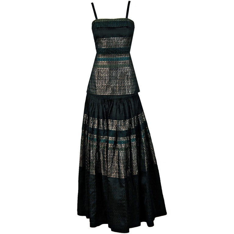 1948 Adrian Couture Metallic Lame Silk Grecian-Keys Novelty Print Evening Gown