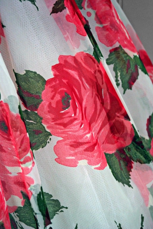 Women's 1950's Watercolor Pink-Roses Floral Print Strapless Full Party Dress