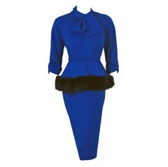 robe de cocktail des années 1950 en laine bleu saphir Lilli Diamond & en fourrure de renard