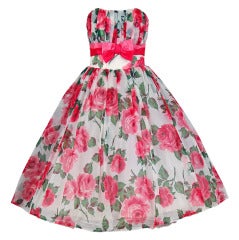 Vintage 1950's Watercolor Pink-Roses Floral Print Strapless Full Party Dress