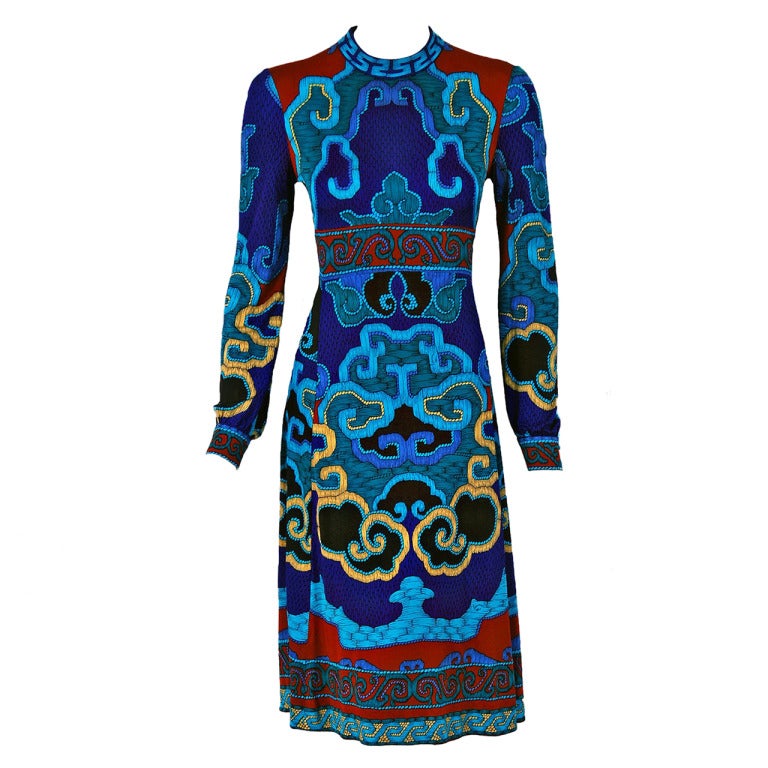 1970's Leonard Colorful Op-Art Graphic Print Silk-Jersey Dress
