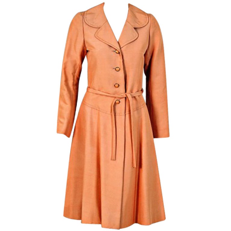 1972 Christian Dior Haute-Couture Peach Silk Belted Princess Coat Jacket