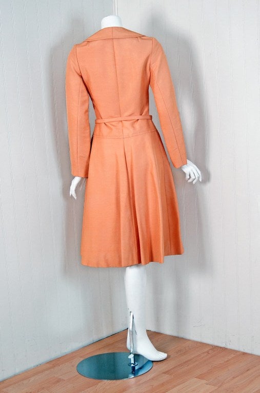 1972 Christian Dior Haute-Couture Peach Silk Belted Princess Coat Jacket 1