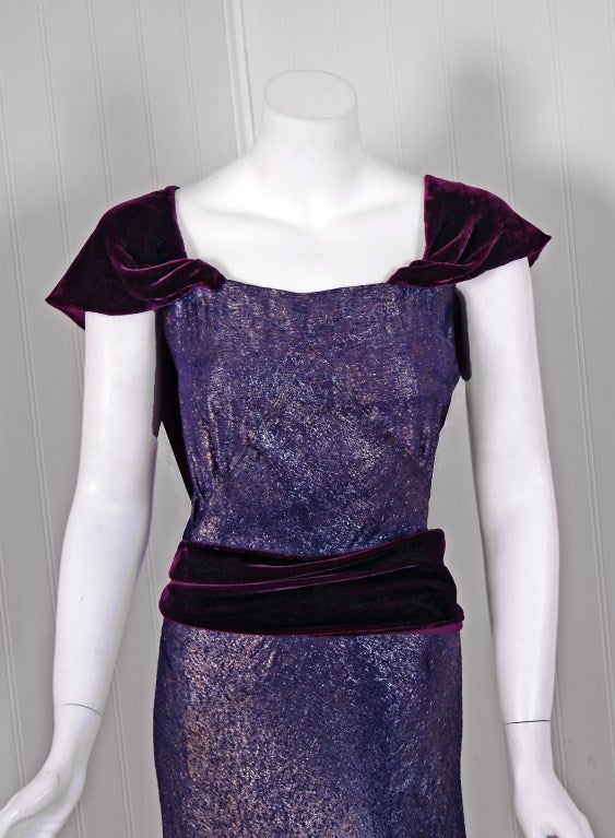 A luxurious royal-purple shimmer lame gown from the 