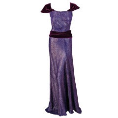 1930's Elegant Metallic Royal-Purple Lame & Velvet Bias-Cut Deco Evening Gown