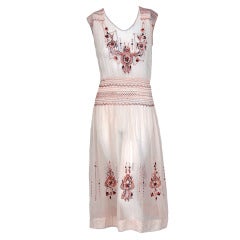 1920's Bohemian Embroidered Tan-Cotton Smocked Flapper Day Dress