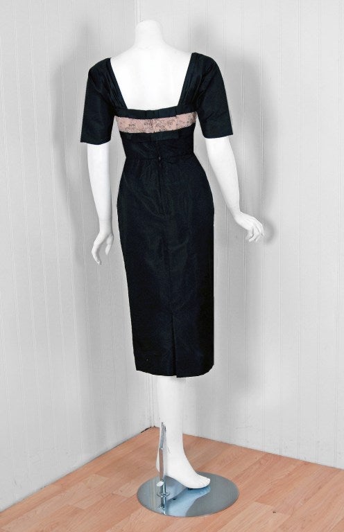 Women's 1940's Don Loper Beaded Lace Illusion Shelf-Bust Black Silk Cocktail Dress