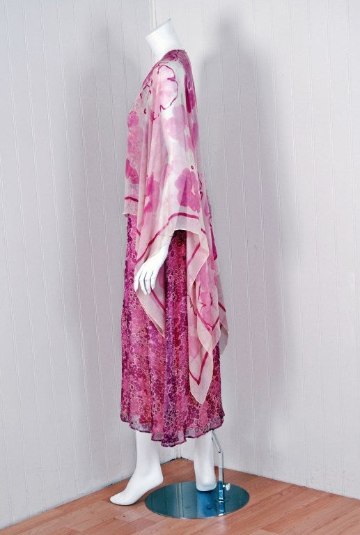 1970's Oscar de la Renta Pink Floral Print Silk-Chiffon Caftan Dress