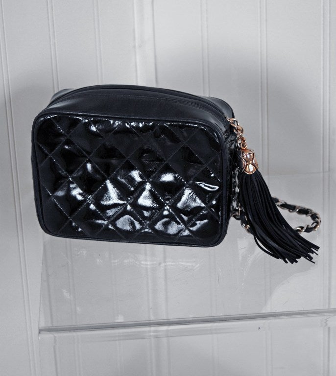 Women's 1990's Chanel Black Quilted Patent-Leather Tassel Bag Purse