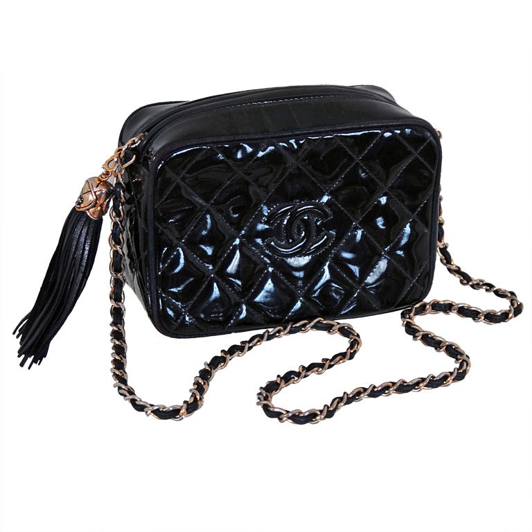 1990's Chanel Black Quilted Patent-Leather Tassel Bag Purse
